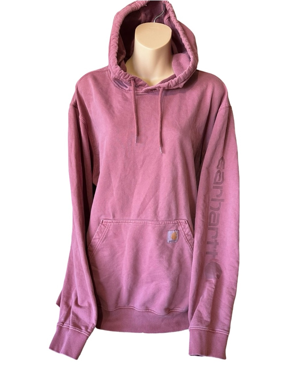 Carhartt Relaxed Fit Hoodie L Pink Mauve Sleeve Logo 100% Cotton Women’s Fall
